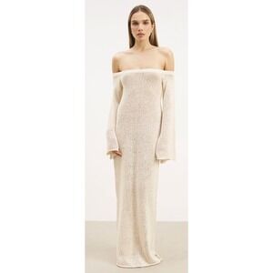 Boa Crochet Knit Off Shoulder Maxi Dress Cream Bell Sleeve BOA03713 Womens XS